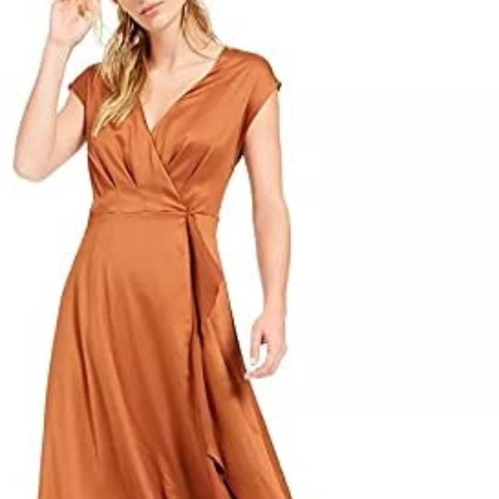 Bar III Womens satin Brown Short Sleeve V Neck Tea-Length Dress Size XL - Picture 1 of 6